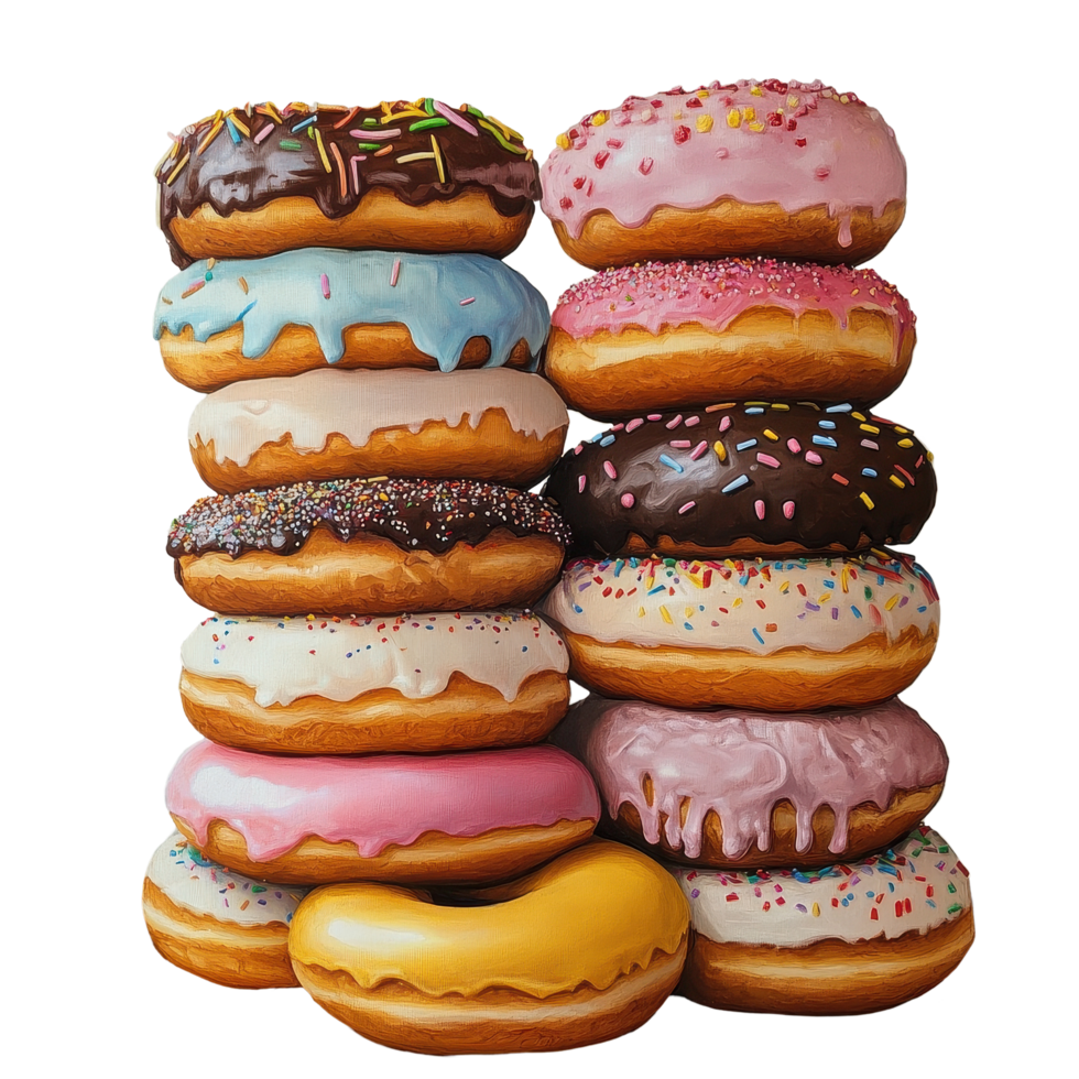 Colorful stack of donuts with various icing and sprinkles showcasing sweet treat variety, Stack Donuts png