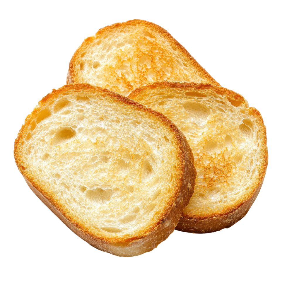 Round toasts made from white bread on a clean Transparent background displaying texture and color contrast, Round toasts white bread isolated on png