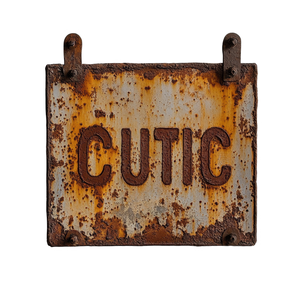 Rusty wall sign with the word cutic displayed prominently in an aged and weathered condition, rusty sign with the word cutic hanging on a wall, Transparent background png