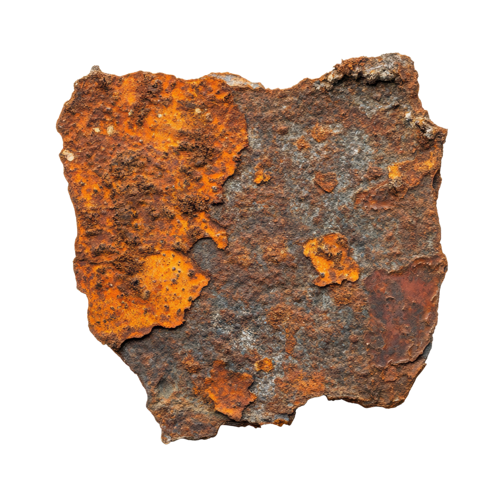 Rusty metal piece isolated on a Transparent background revealing texture and color variations, rust isolated on background png