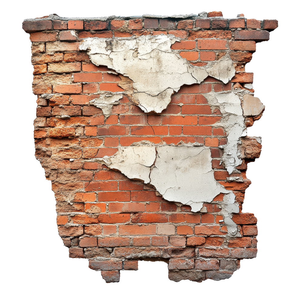 Weathered red brick wall with cracks and peeling plaster in an urban setting, Ruined, collapsed, cracked, or broken weathered red brick wall, isolated on White background png