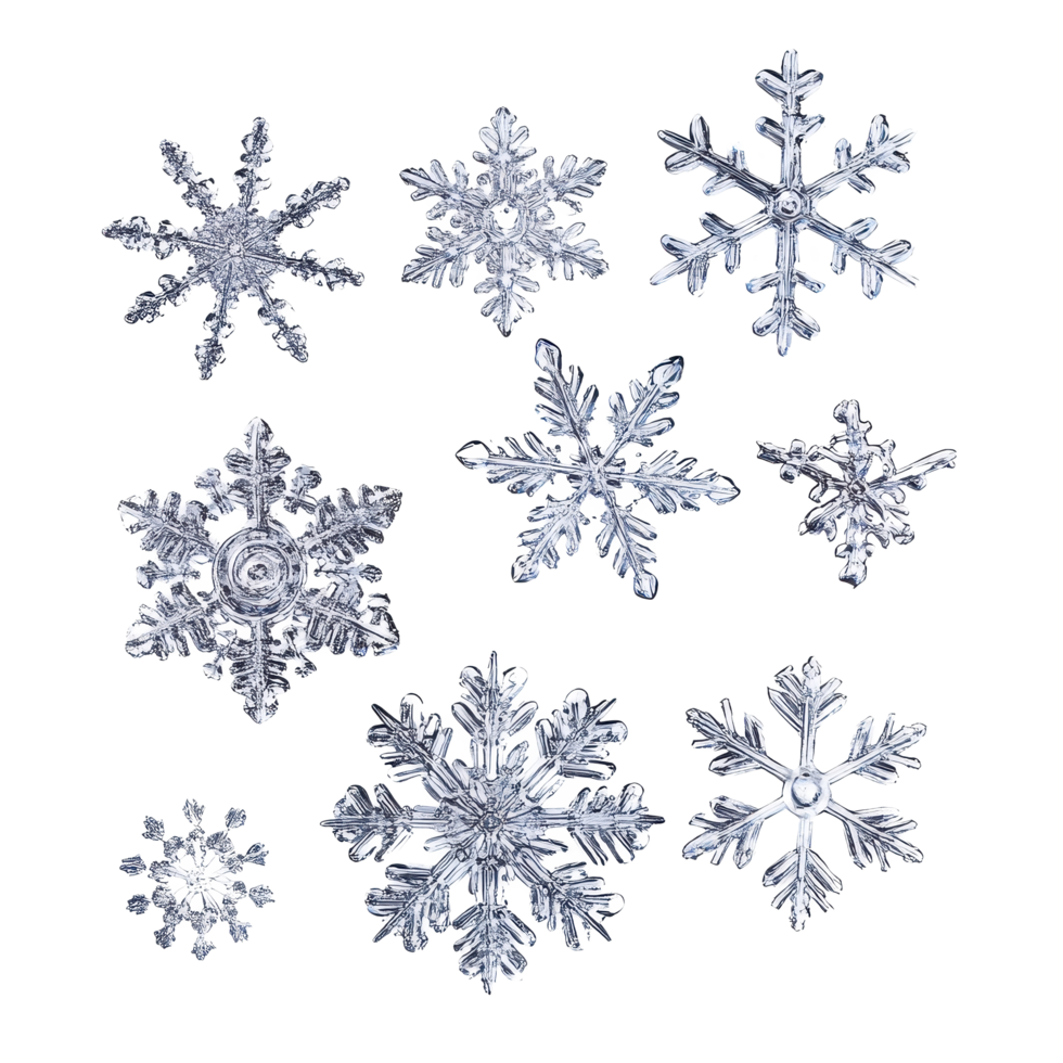 Delicate snowflakes isolated against a Transparent background showcasing unique patterns and forms of winter beauty, snowflakes isolated on png