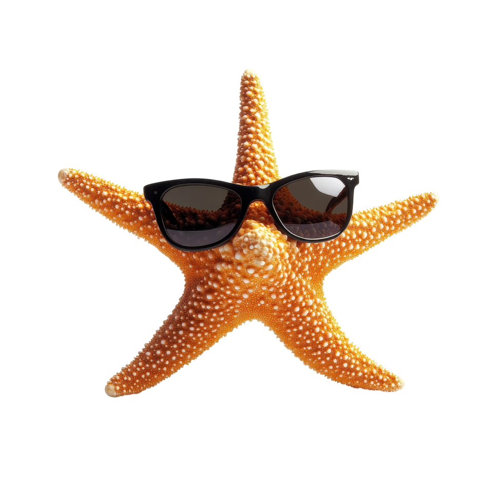 Starfish enjoys summer vibes wearing sunglasses on a bright Transparent background, Starfish wearing Sunglasses on png