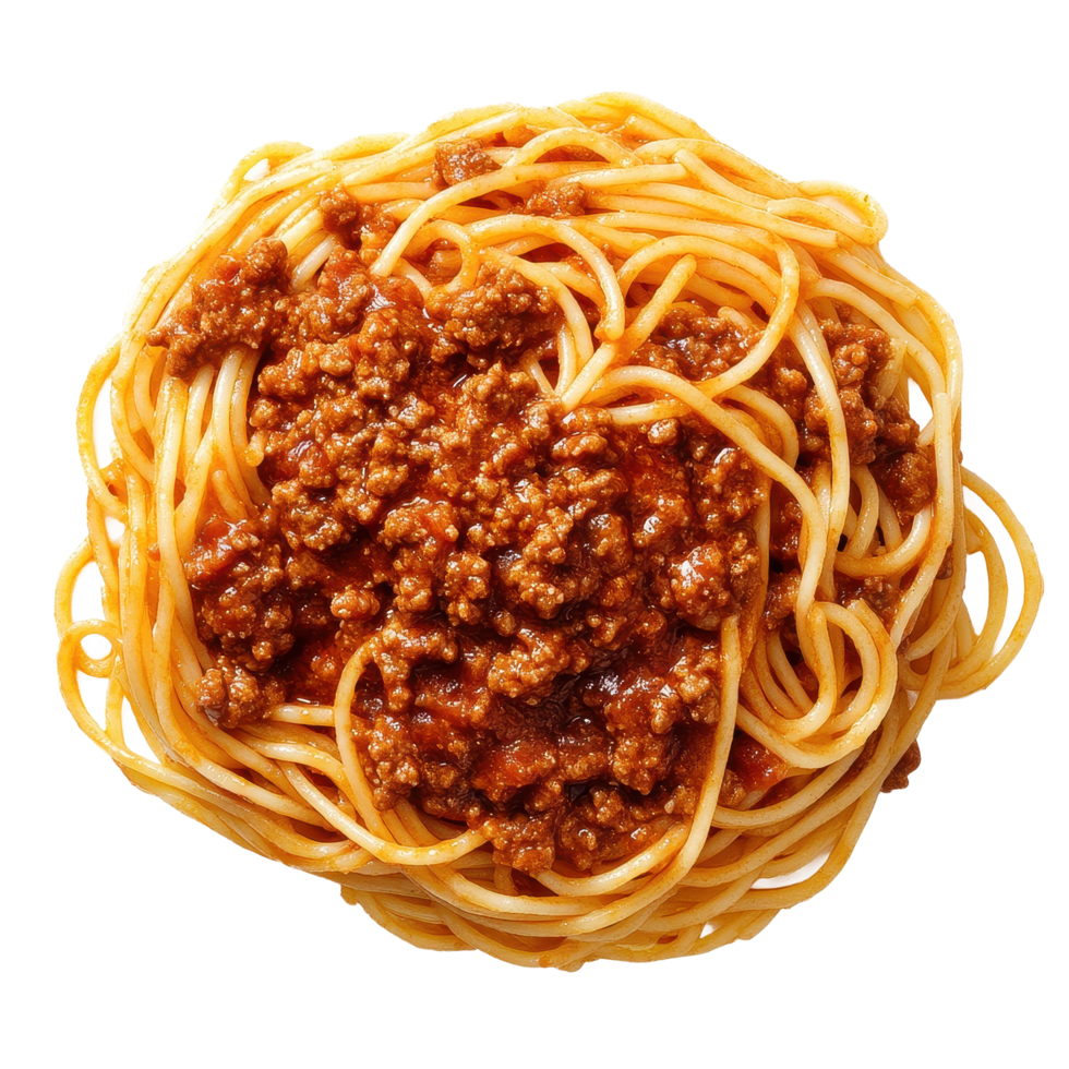 Spaghetti Bolognese with rich meat sauce displayed on a clean Transparent background, Spaghetti Bologneseisolated on background png