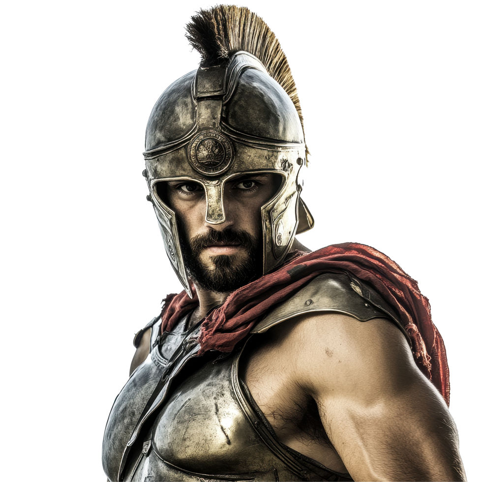 Spartan warrior confidently faces the camera with striking armor and helmet on a Transparent background, Spartan Warrior Facing the Camera on png