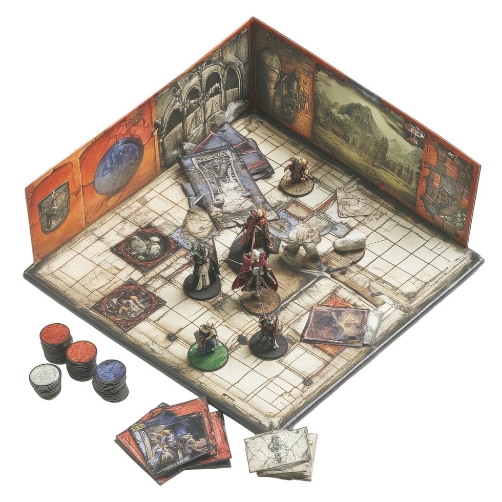 Explore an immersive RPG board game with detailed miniatures and maps on a Transparent background, RPG board game, background png