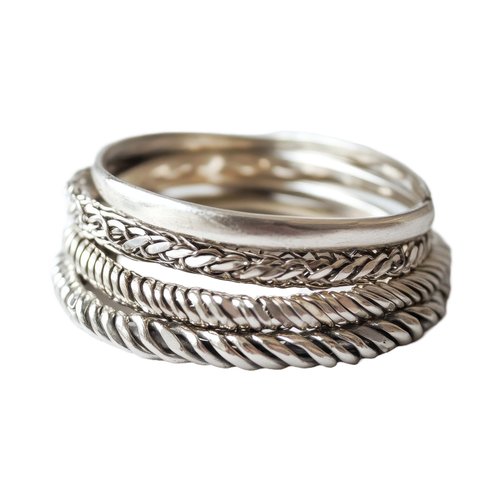 Elegant stack of silver bracelets showcased against a Transparent background, Stack Silver Bracelets, background png