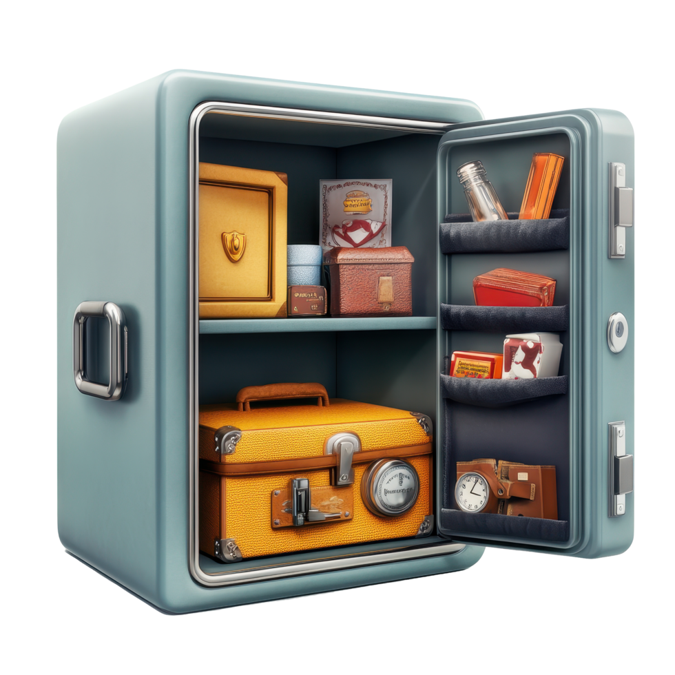 Safe box filled with colorful items against a clean Transparent background, safe box with a bunch items inside, background png