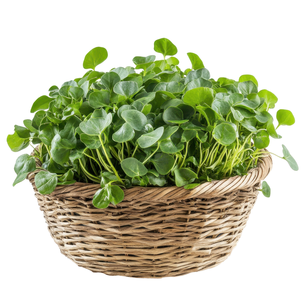 Fresh watercress nestled in a woven basket against a clean white backdrop, watercress in a basketisolated on Transparent background png
