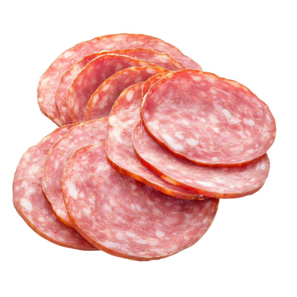 Slices of salami sausage arranged on a plain Transparent background for culinary presentation, Salami sausage slices ham isolated on png