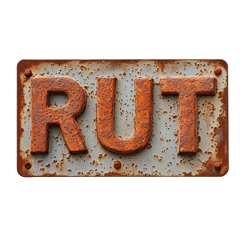 Rusted metal sign featuring the word rust displayed against a plain background in a rustic style, rusted metal sign with the word rust written on it, Transparent background png