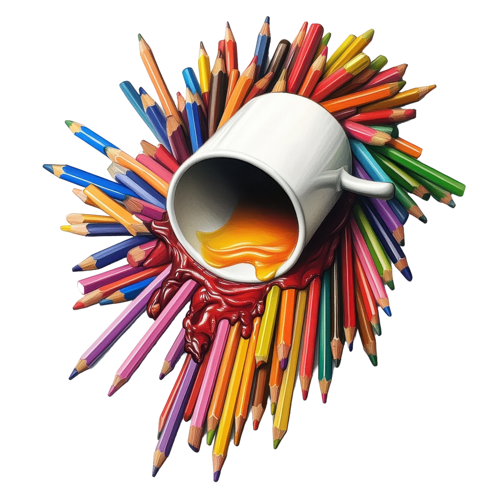 Spilled cup surrounded by an array of colorful pencils creating an artistic mess on a clean surface, Spilled cup colored pencils png
