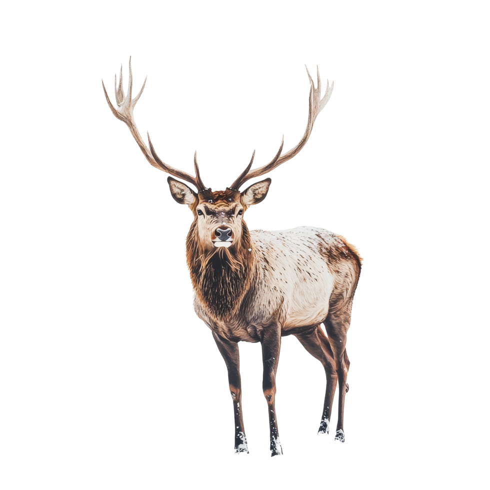 Stag standing majestically in snow with large antlers during winter in a serene landscape, stag standing in the snow with large antlers, Transparent background, background png