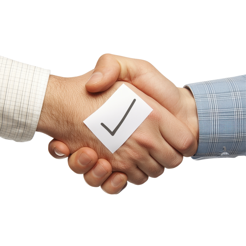Handshake symbolizes agreement with a check mark on a Transparent background representing success and collaboration, background a handshake with a check mark transparent png