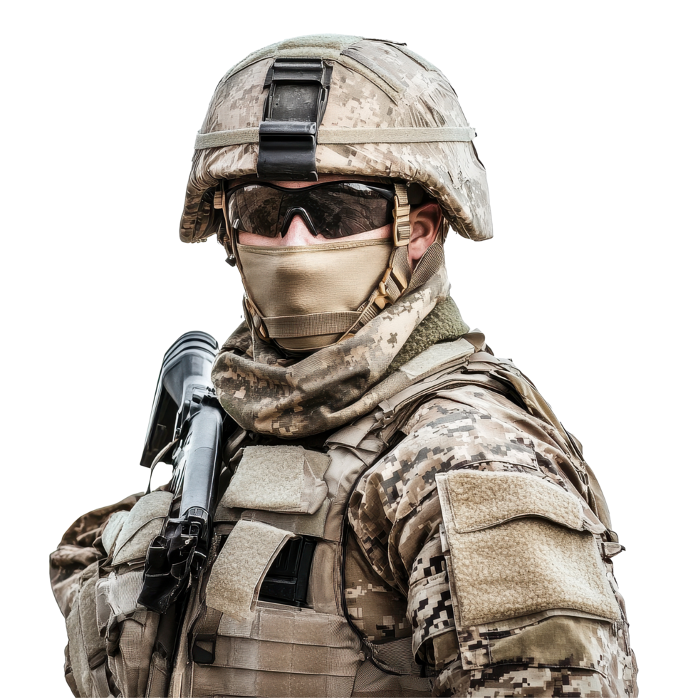 Soldier in full camouflage uniform stands with weapon on Transparent background, soldier in uniform, background png