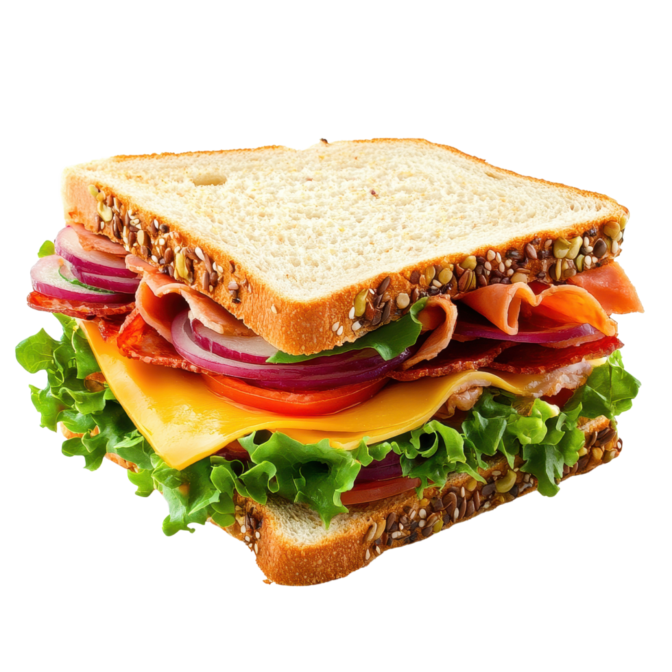 Delicious sandwich made with fresh ingredients, stacked high and isolated on a clean Transparent background, sandwichisolated on backgroundbackground png