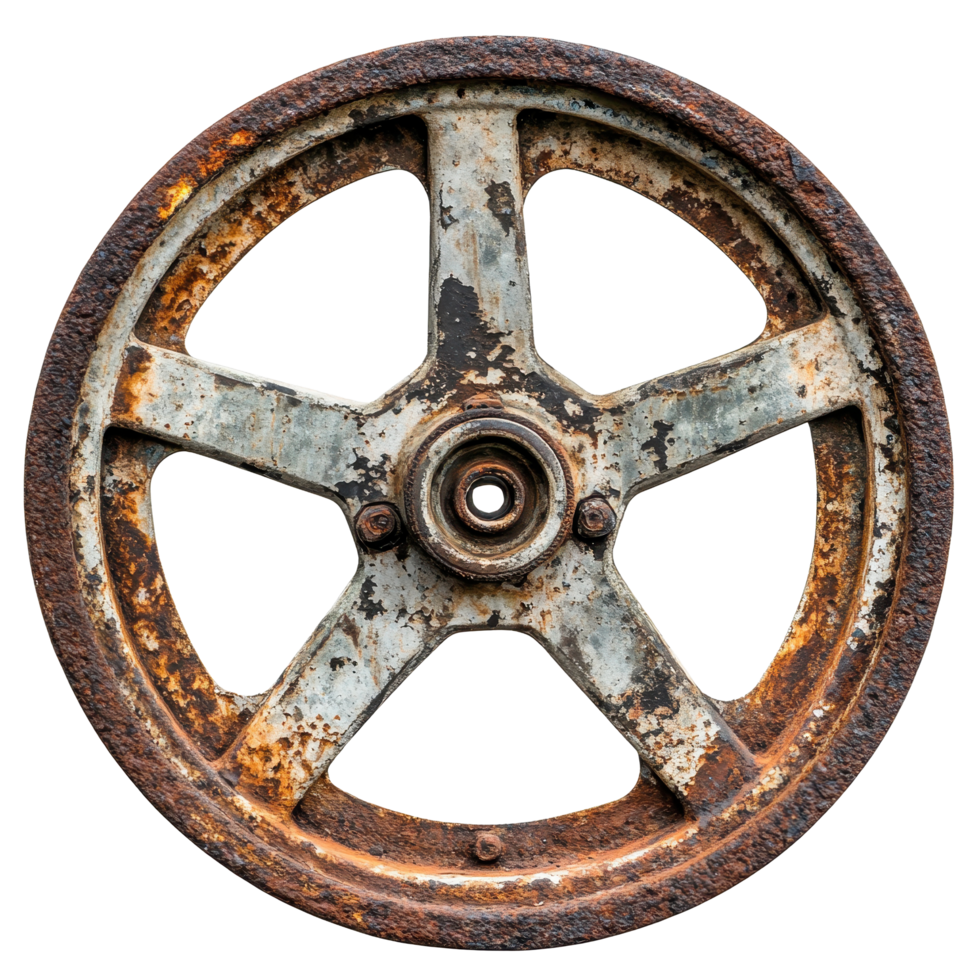 Rusty rimmed wheel reveals character and history with gap in spokes, Rusty Rimmed Wheel with a Gap in the Spokes, Transparent background png
