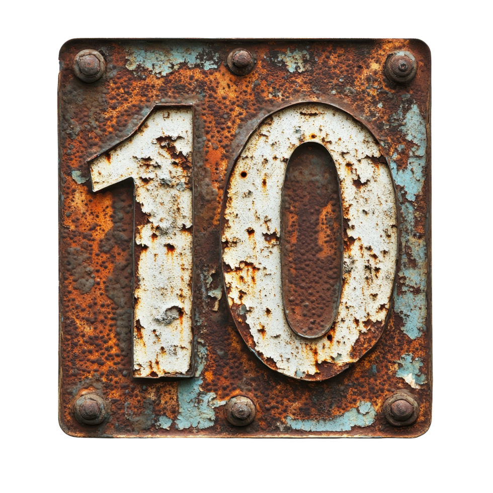 Rusty old sign displaying the number ten with weathered Transparent background and signs of age, rusty old sign with the number ten on it, background png