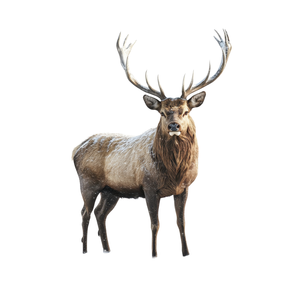 Stag with large antlers stands majestically in a snowy landscape during winter, stag standing in the snow with large antlers, Transparent background, background png