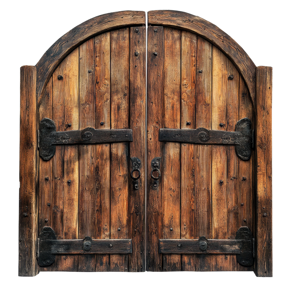 Rustic wooden gates with arched design isolated on Transparent background showcasing craftsmanship and natural materials, Rustic wooden gates with arched isolated on background or white backgroud png