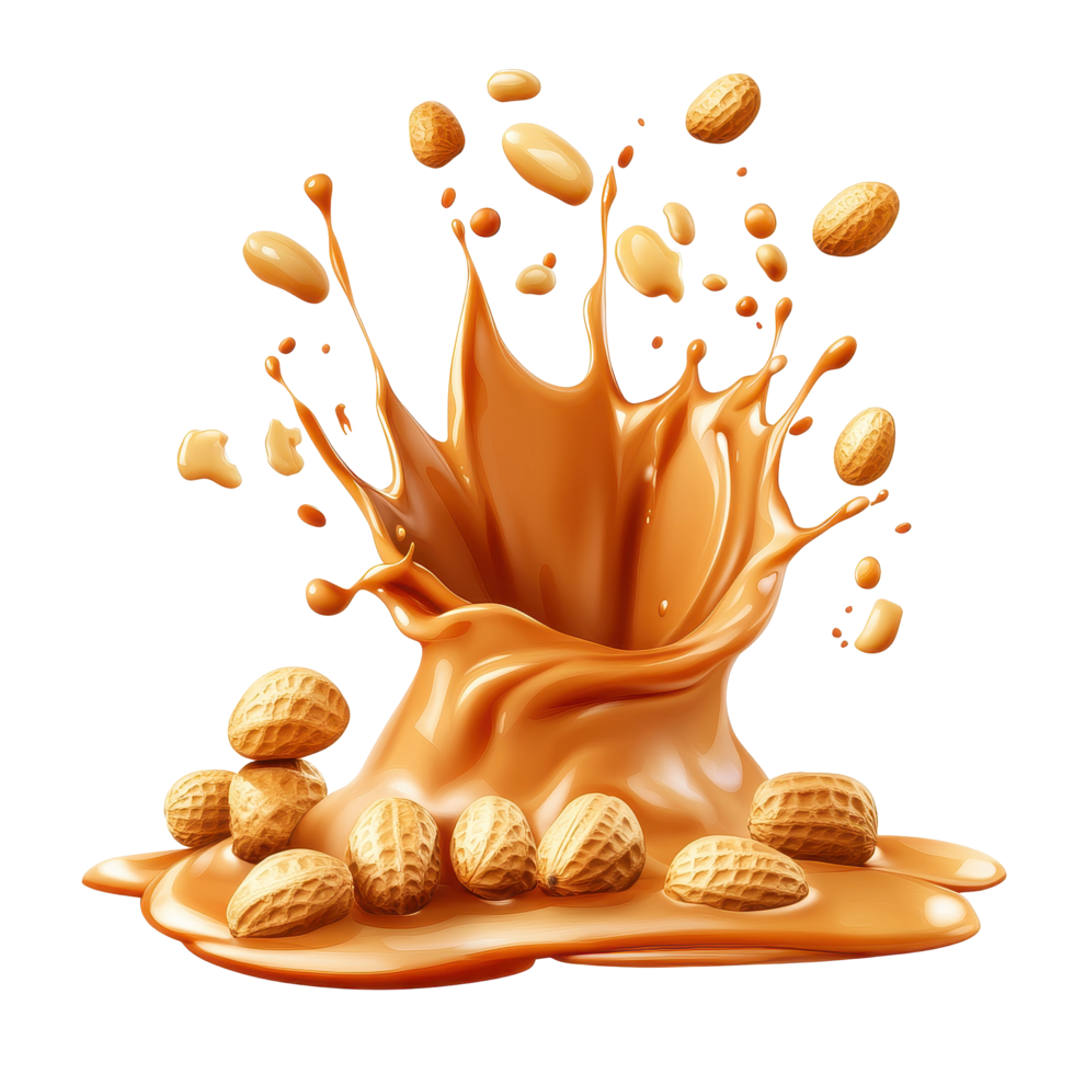 Splash of peanut butter with flying peanut seeds creates a dynamic scene of flavor and texture, splash peanut butter with peanut seedsisolated on Transparent background png