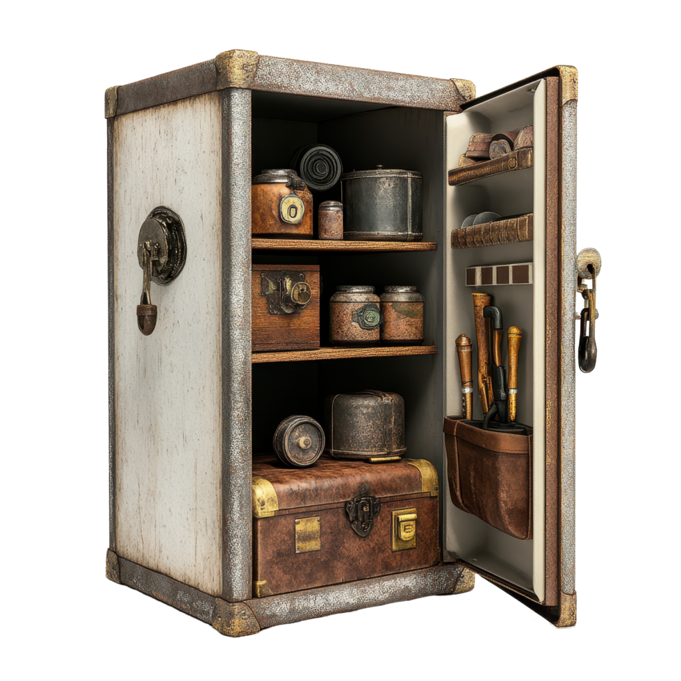 Safe box filled with various items on a Transparent background showcasing different contents and organization, safe box with a bunch items inside, background png