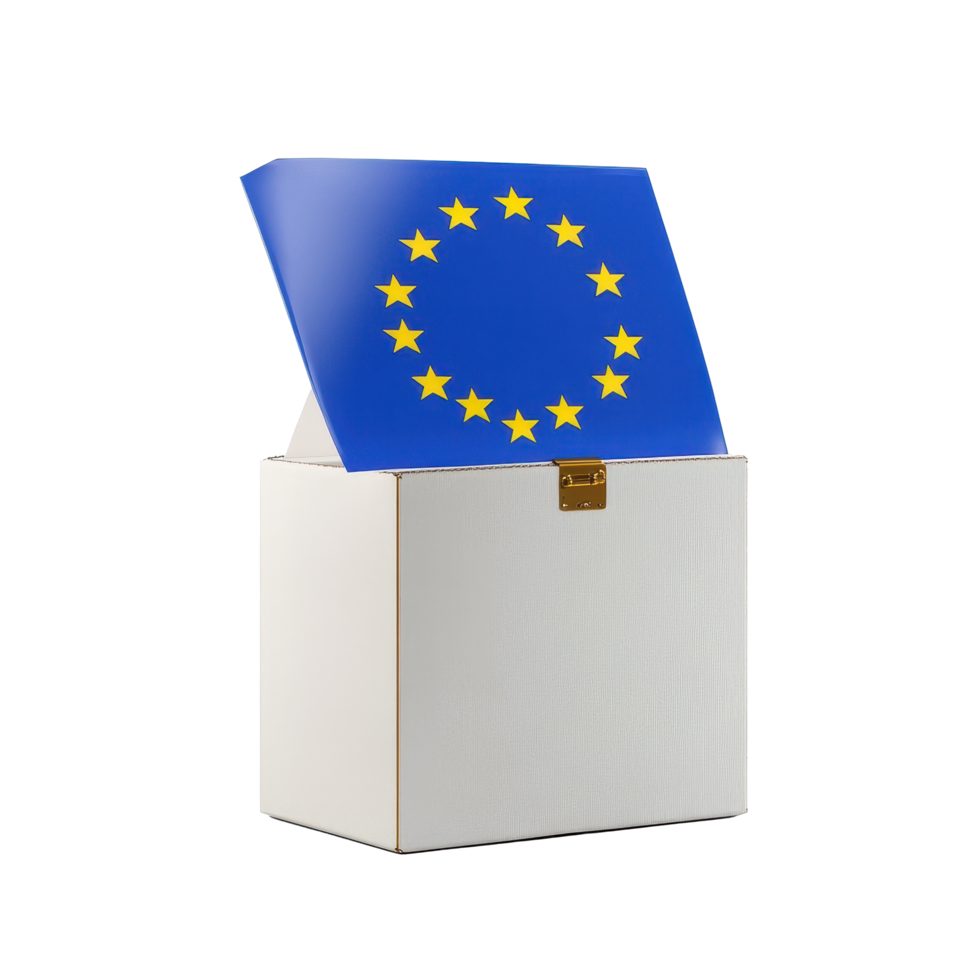Voting ballot box featuring the European Union flag isolated on a Transparent background, Voting ballot box with EU flag, isolated on png