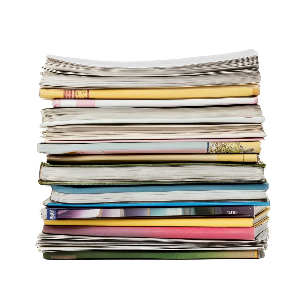 Stack of assorted magazines arranged neatly on a Transparent background showcasing diverse covers and content, Stack magazines on background png