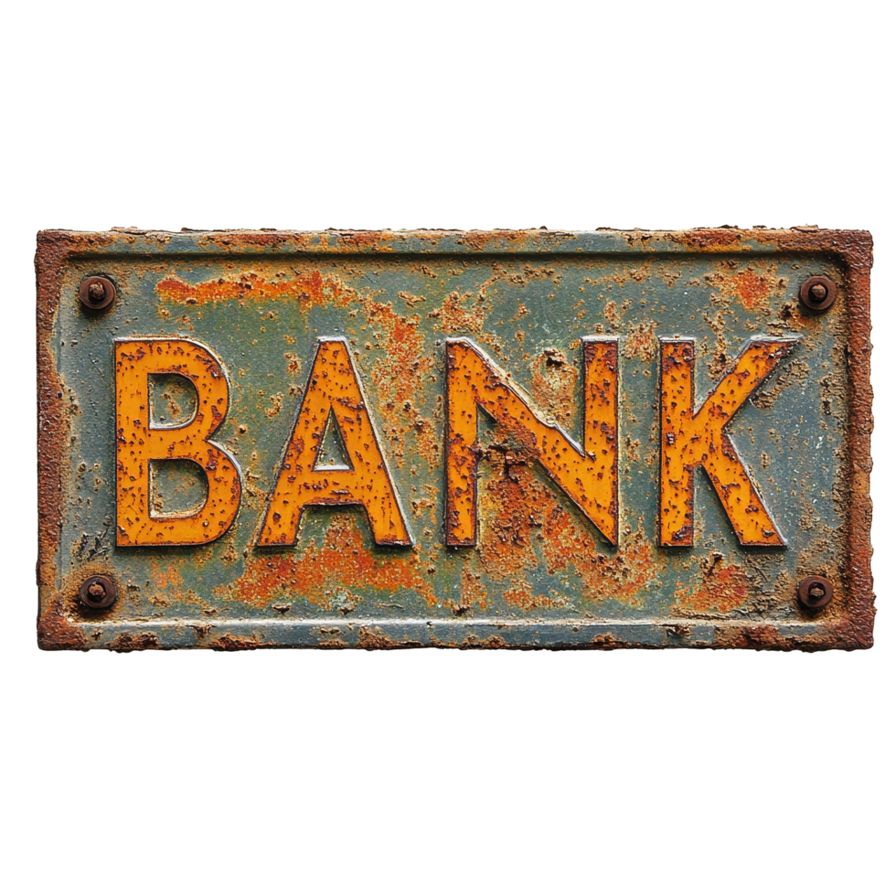 Rusty vintage sign displaying the word bank on a weathered metal background, rusty sign that says bank on it, Transparent background png