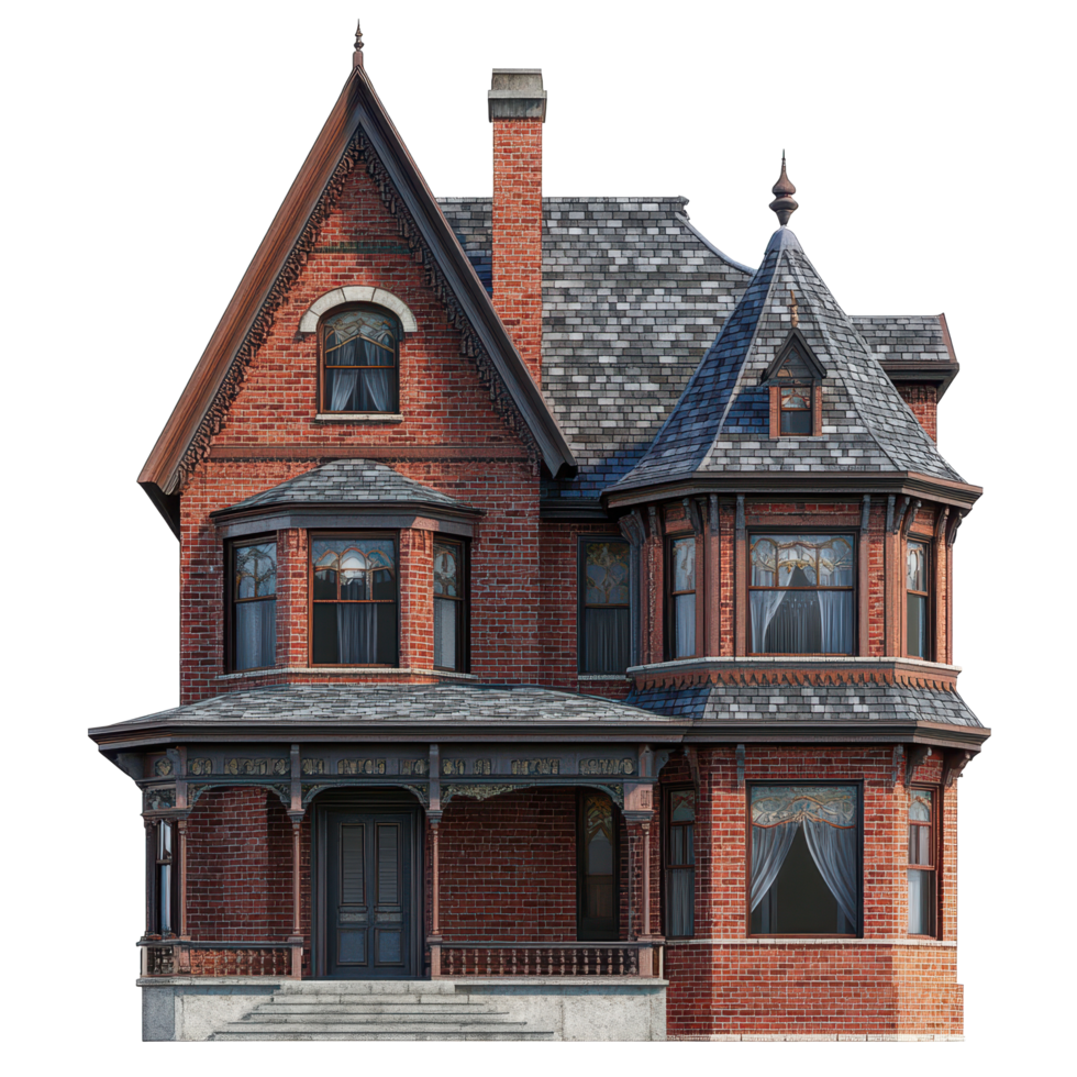 Vintage D rendering of a red brick Victorian house with detailed architecture in a historical style, Vintage D Rendering a Red Brick Victorian House with Wooden Shingles and Windows, Transparent png