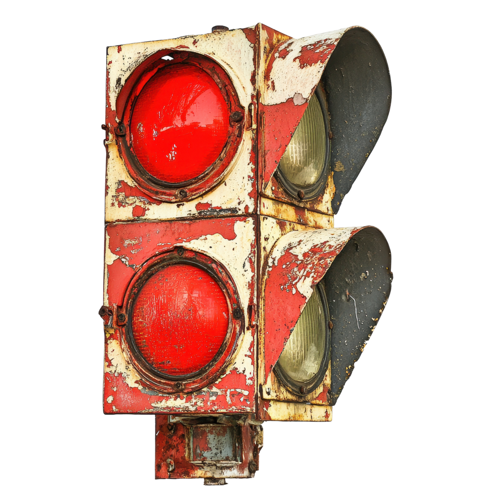 Rustic red traffic signal creatively repurposed for artistic display in urban setting, Rustic Red Traffic Signal A Creative Repurpose, Transparent background png