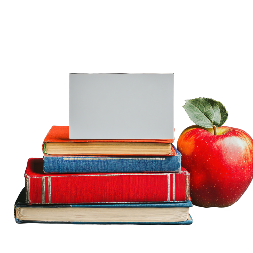 Colorful stack of books with a fresh apple and a blank card on a textured surface, Stack colorful books and fresh apple with blank banner for text png
