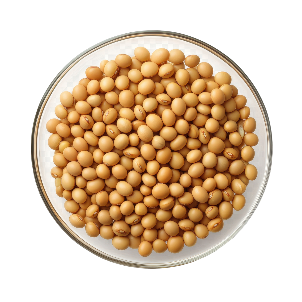 Soybean seeds in clear bowl showcasing rich texture and color on transparent background, Soy beans seeds isolated on trransparent png