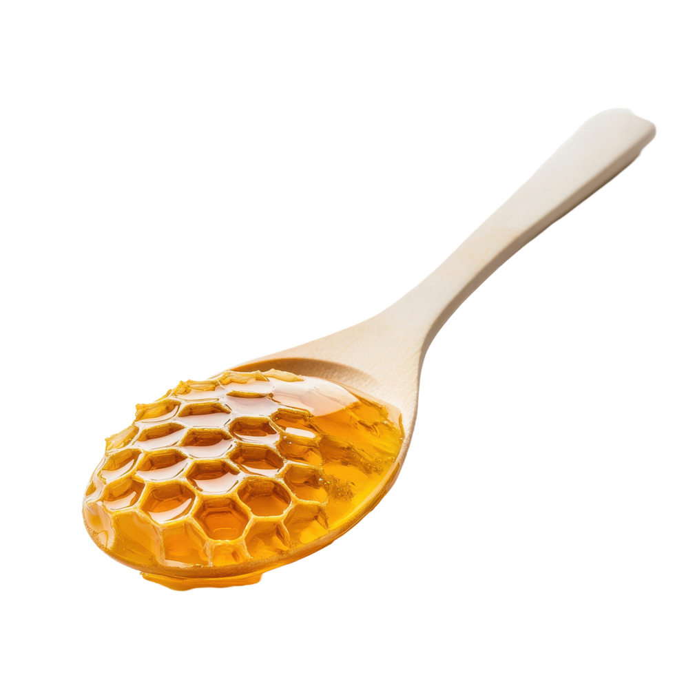Spoon filled with golden honey and a honeycomb on a Transparent background, spoon honey with a honeycomb on it, background png