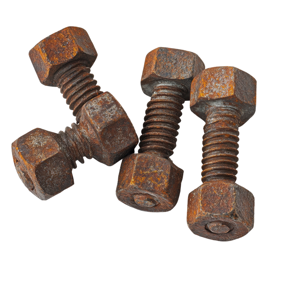 Rusty hex bolts showing material weathering and corrosion effects over time in an industrial setting, Rusty Hex Bolts A Study in Material Weathering, Transparent background png