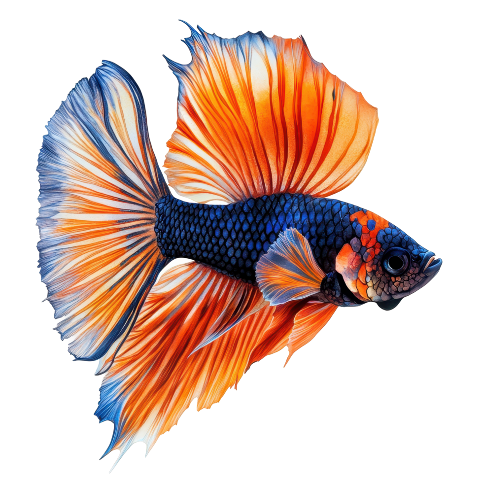 Siam fish showcasing vibrant orange and blue tail with striking color contrast against Transparent background, siam fish with orange and blue tail, background png