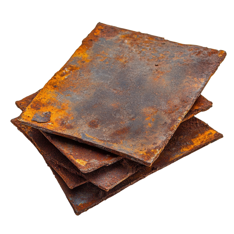 Rusty metal plates stacked on Transparent background showcasing weathered texture and decay, rusty metal plates isolated on png