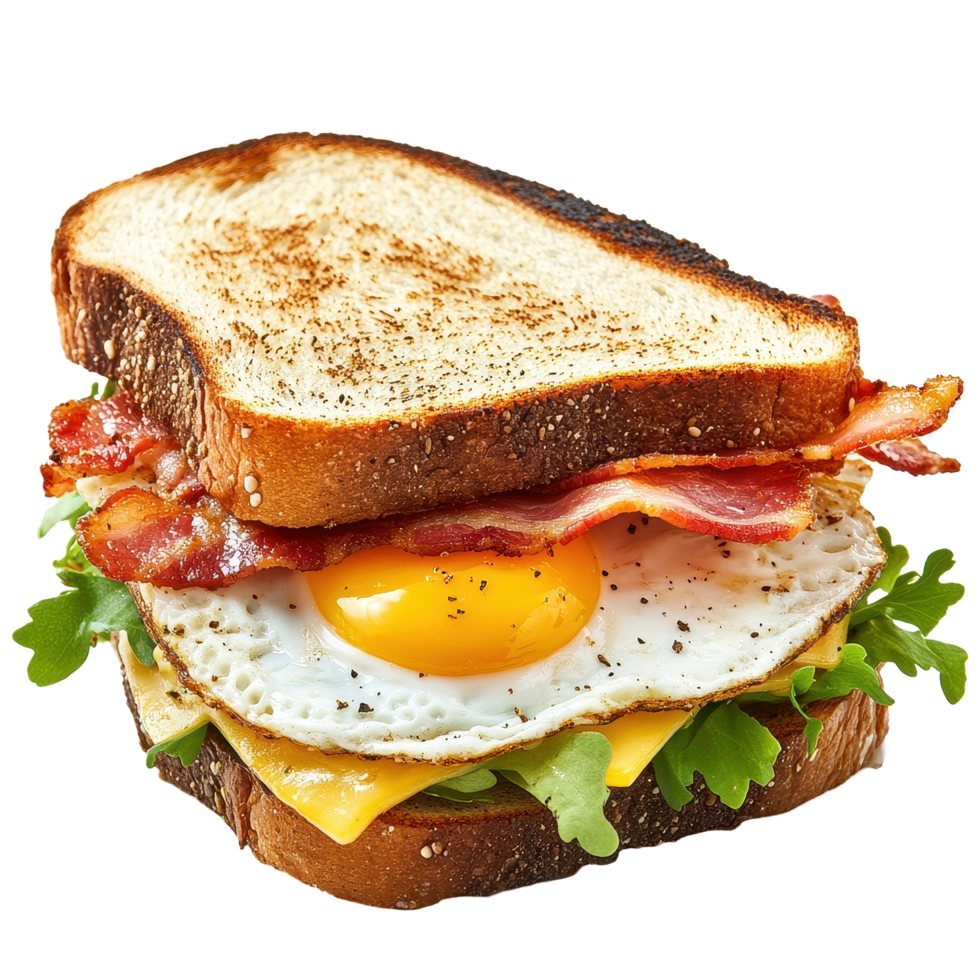 Delicious bacon, cheese, and egg sandwich isolated on a Transparent background perfect for breakfast or brunch, Sandwich with bacon, cheese and egg isolated on png