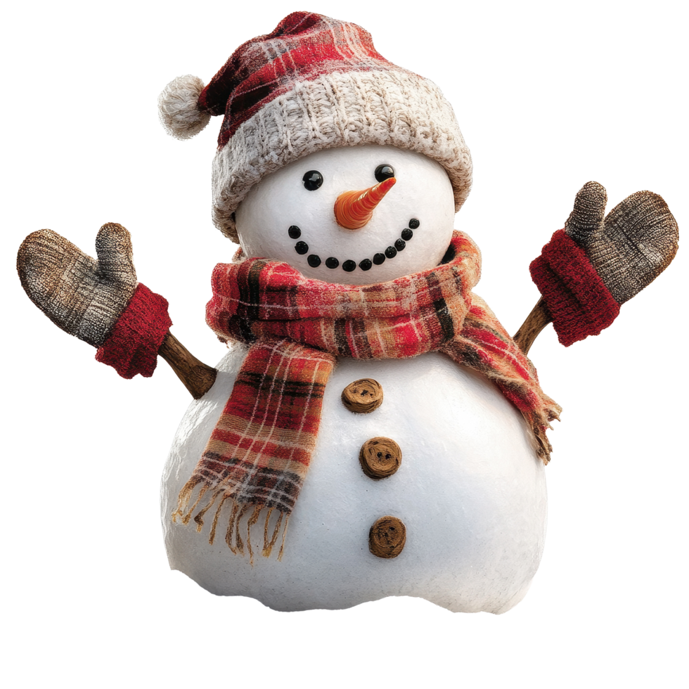 Cheerful snowman wearing a warm scarf, hat, and mittens in a winter wonderland, snowman with a scarf and hat and mittens, Transparent background, background png