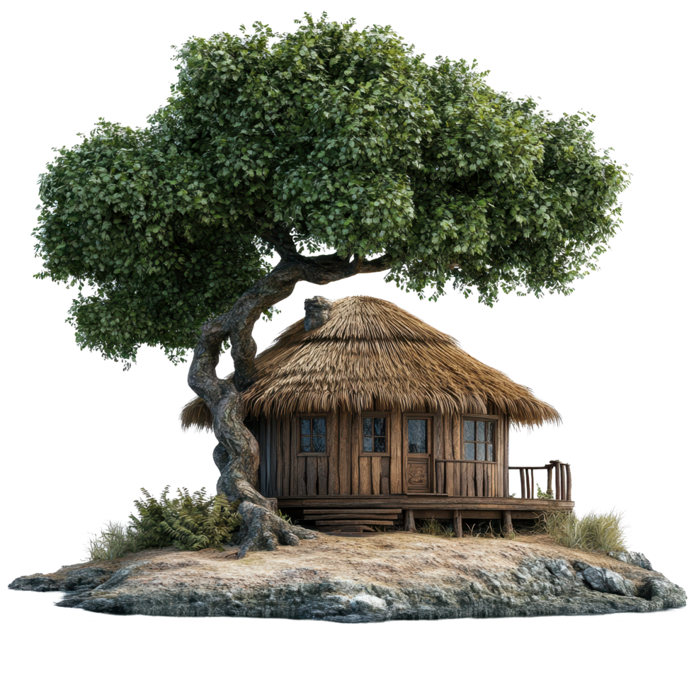 Charming wooden house with thatched roof by the tranquil water under a sprawling tree, small wooden house with a thatched roand a tree on a small island, Transparent background png