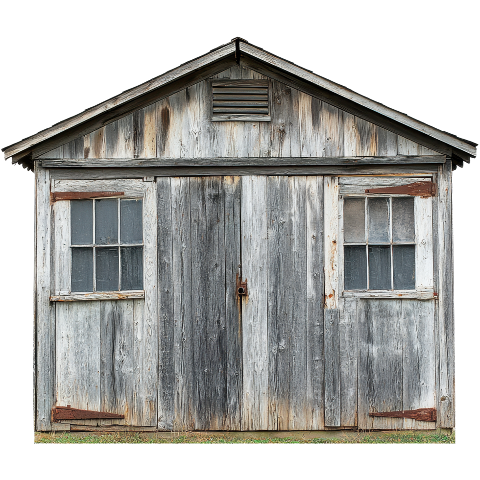 Weathered wooden shed with sliding doors in rustic setting during daylight, Weathered Wooden Shed with Doors Each Sliding to One Side, Transparent background png
