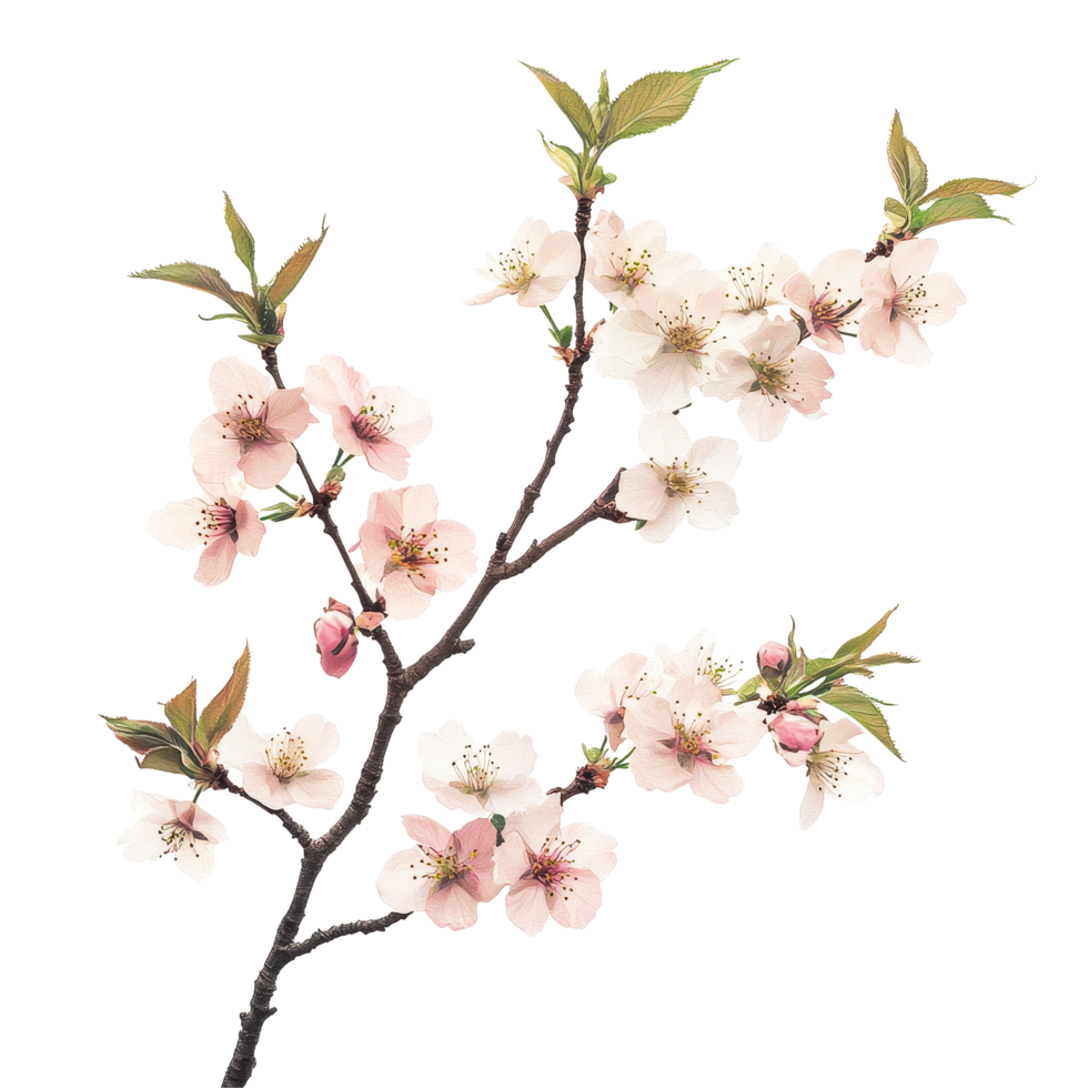 Sakura tree branch adorned with delicate flowers against a serene Transparent background, sakura tree branch flower White background png