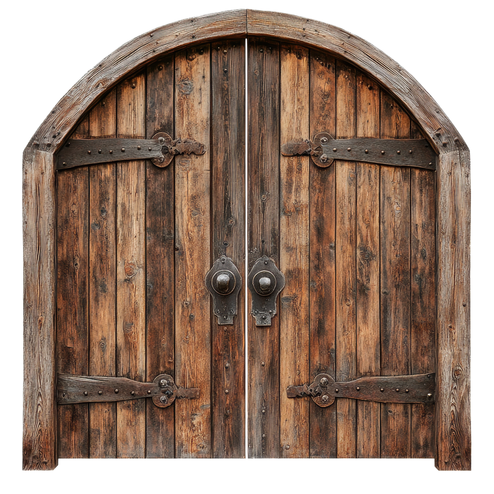 Rustic wooden gates with arched design create an inviting entrance in a serene setting, Rustic wooden gates with arched isolated on Transparent background or white backgroud png