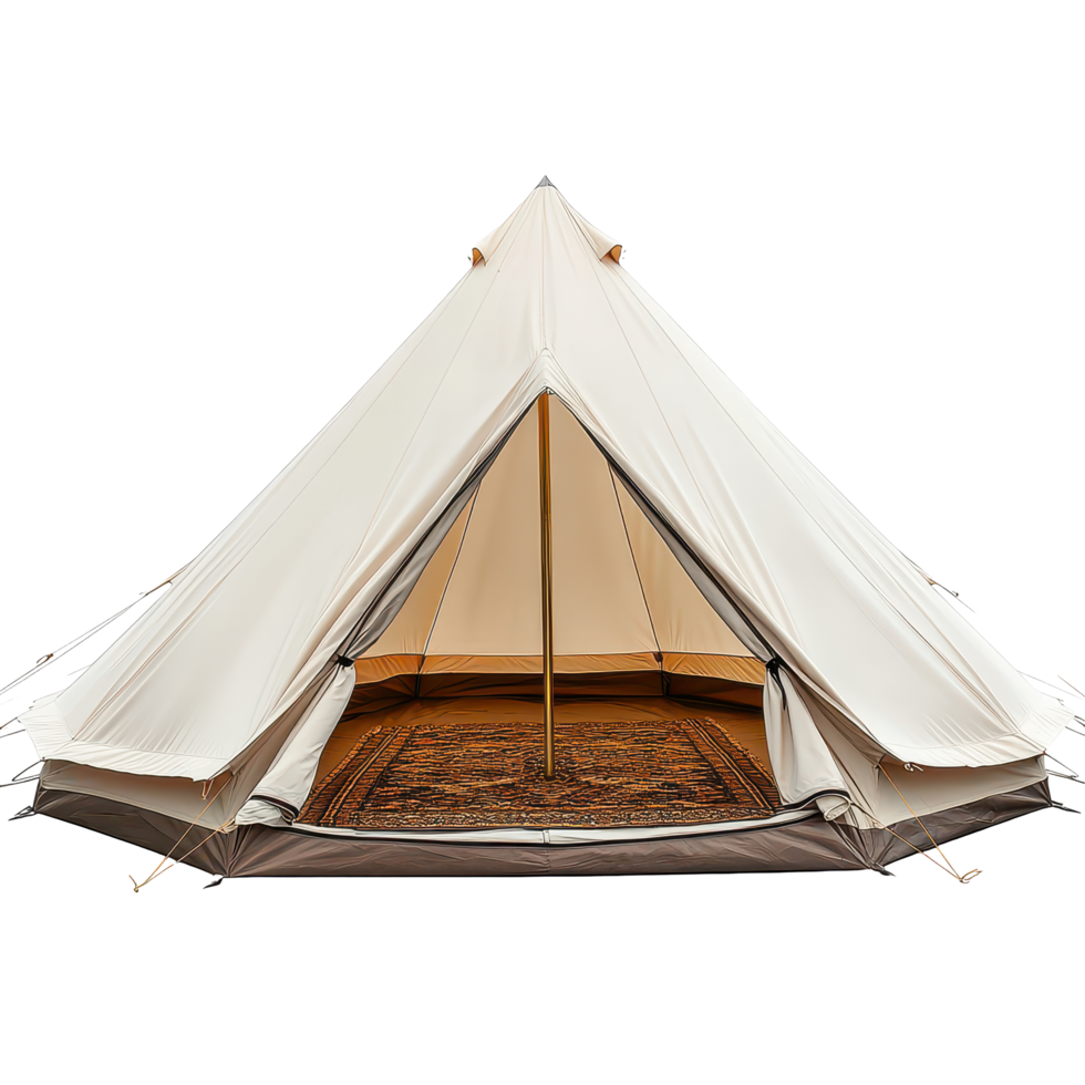 Open tent inviting exploration in a minimalist setting with a soft rug, tent with a door open on a Transparent background, background png