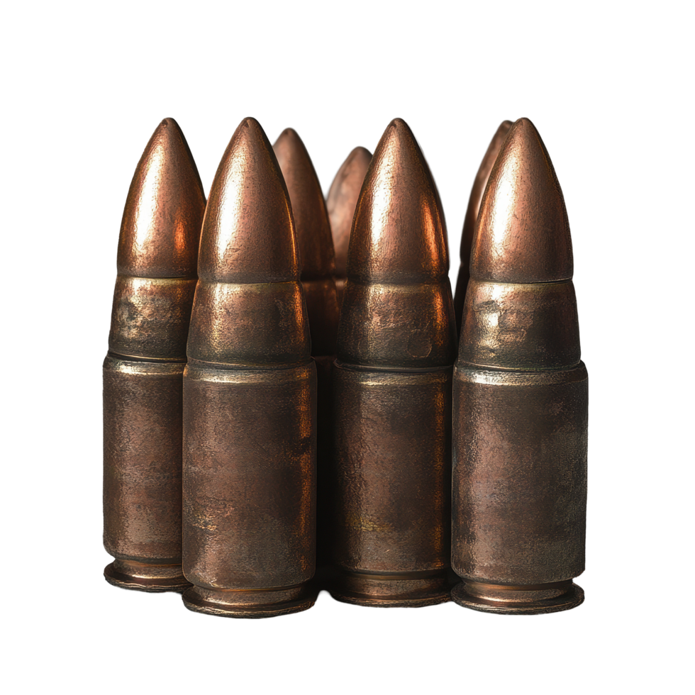 Stack of bronze ammunition bullets highlighted against a plain background, Stack bronze ammo 9mm Bullet png