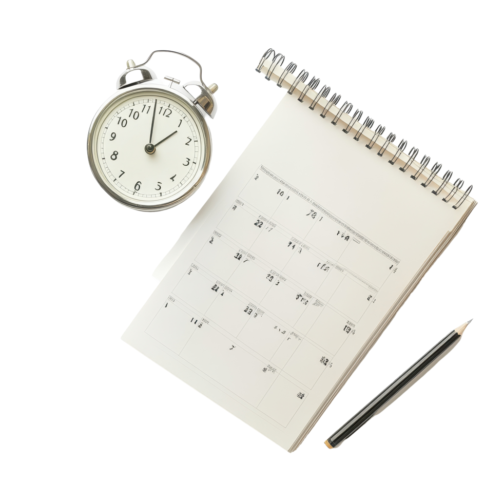 Calendar and clock with spiral notebook and pencil on a Transparent background for organization and planning, background calendar and clockisolated on background png