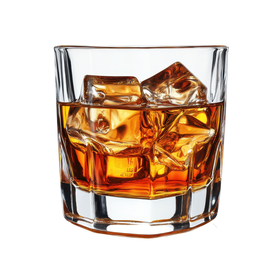 Whiskey in a glass with ice cubes isolated on a clean Transparent background, whiskey in glassisolated on background png