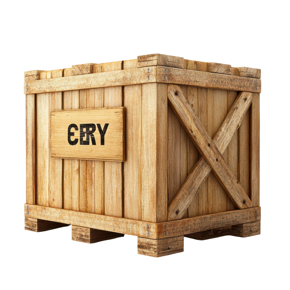 Wooden crate labeled for export with sign indicating white bac ready for shipping, wooden crate with a sign that says export, Transparent background png