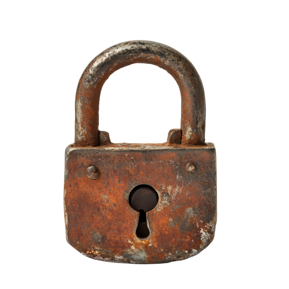 Rusted iron padlock with timeless security on a Transparent background, symbolizing protection and resilience, Rusted Iron Padlock Timeless Security, background png
