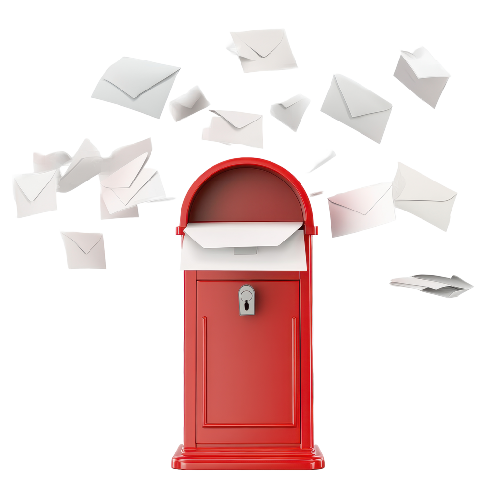 Red mailbox surrounded by flying envelopes against a Transparent background, backgrounding a red mailbox with envelopes flying out on a transparent background png